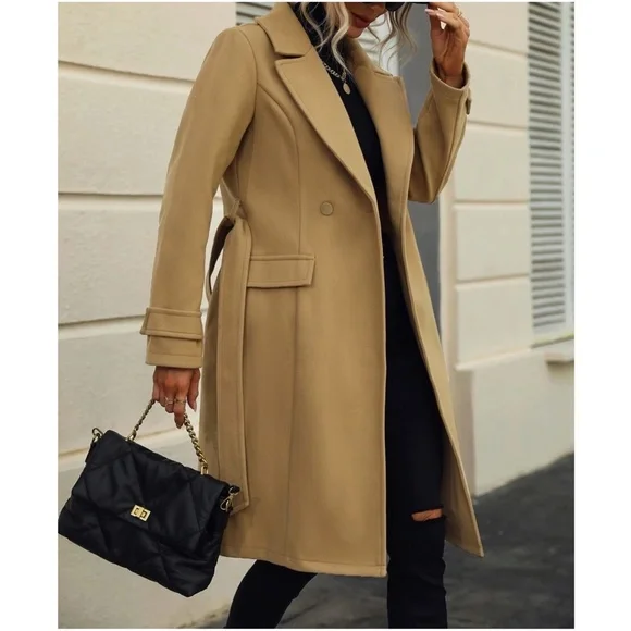 Cozy Tan Khaki Button Belted Jacket Coat - Picture 2 of 3